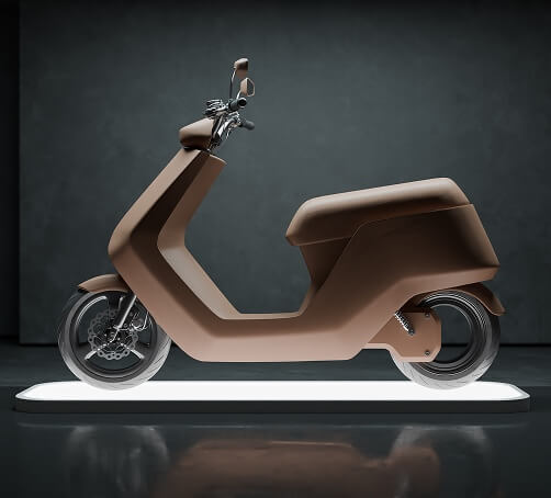 A modern, minimalist electric scooter in matte brown is displayed on a glowing white platform against a dark background, highlighting its sleek and futuristic design.